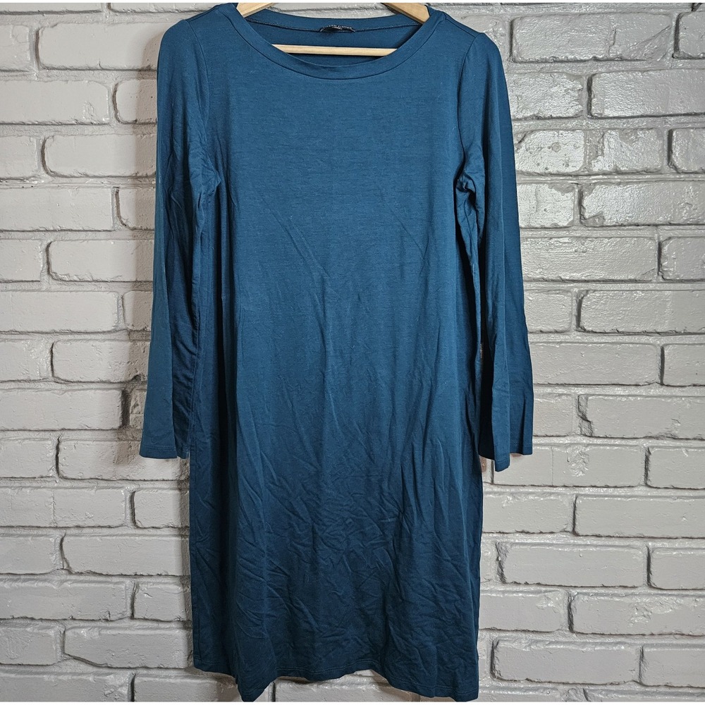 Eileen Fisher Stretch Jersey Knit Jewel Neck Dress Alpine Size M